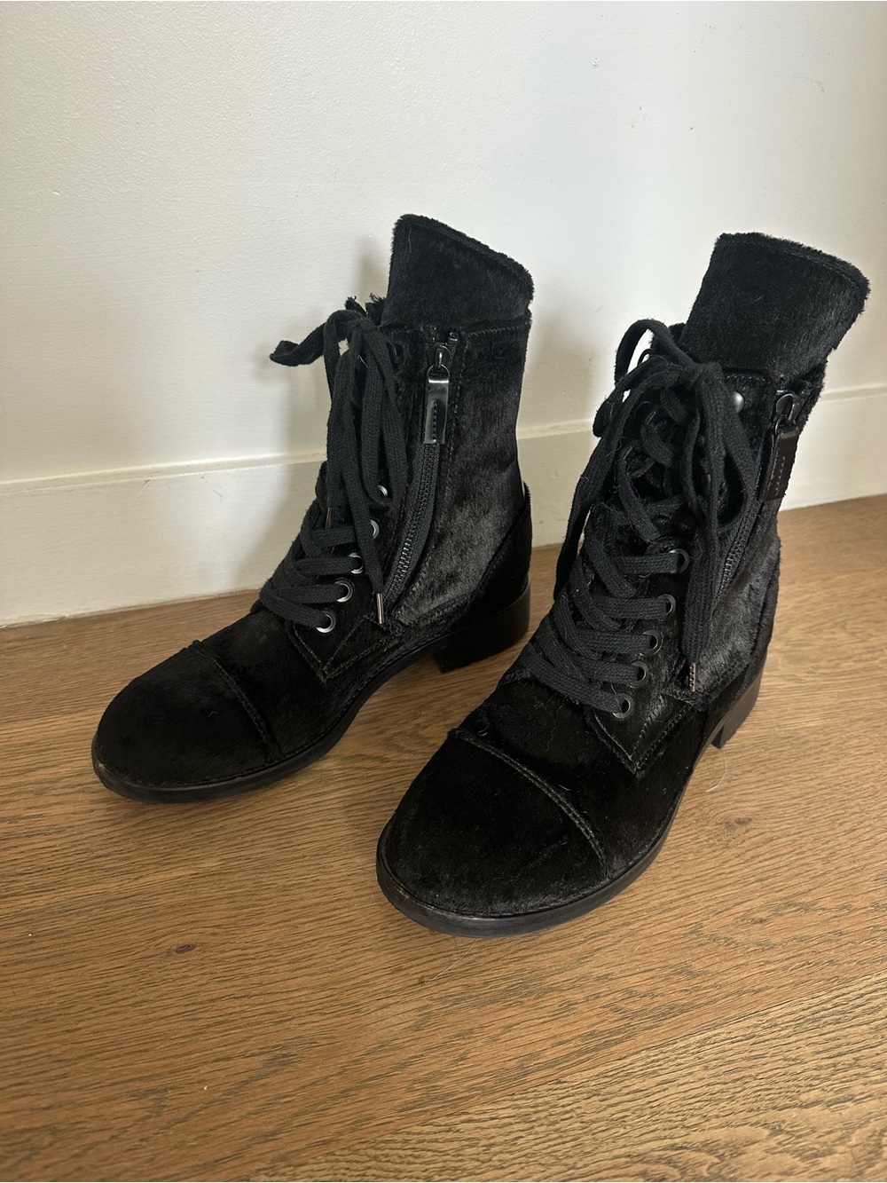 Black Lace-Up Fur Ankle Boots with Side Zip